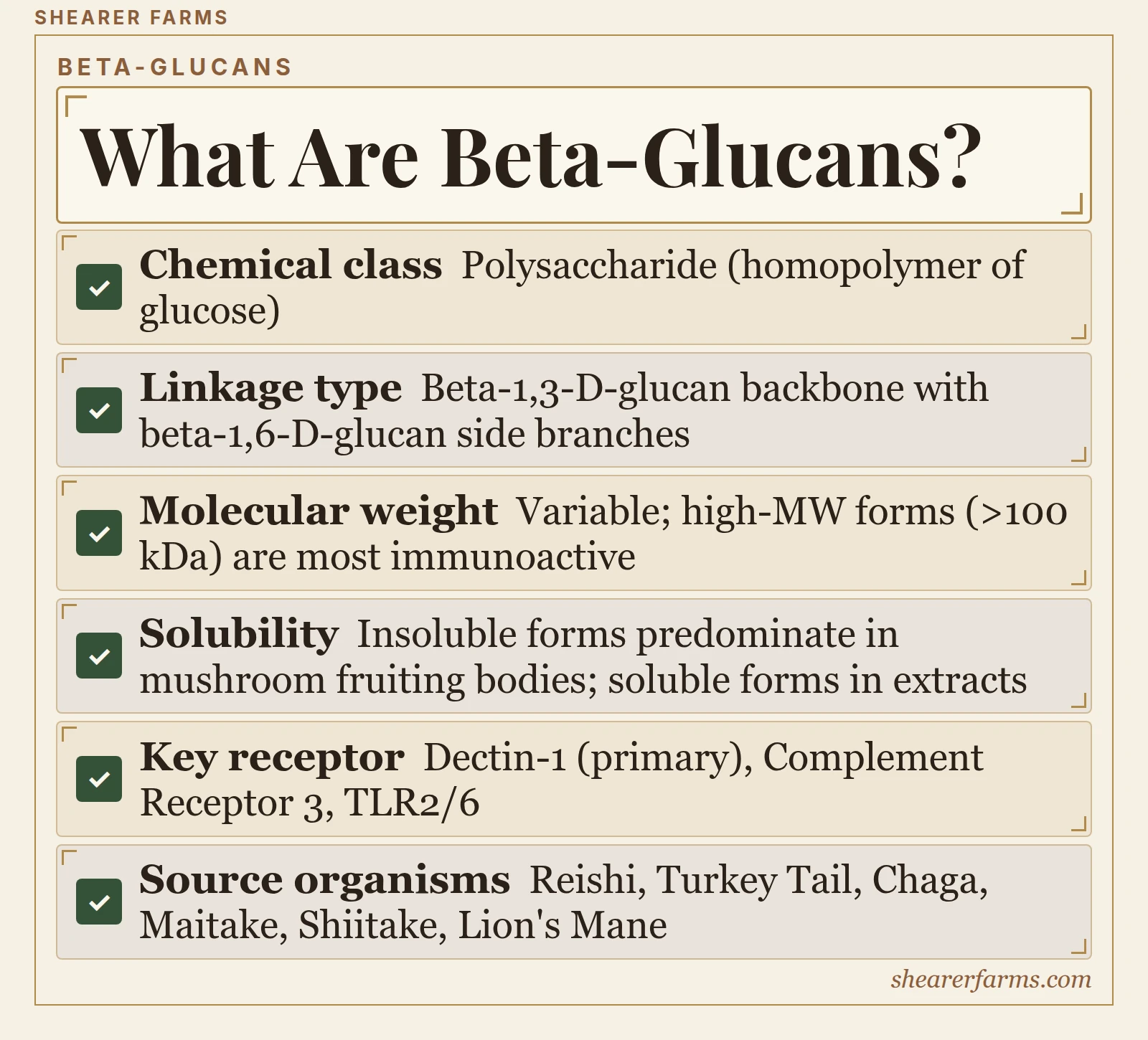 What Are Beta-Glucans?. Chemical class; Linkage type; Molecular weight; Solubility; Key receptor; Source organisms.