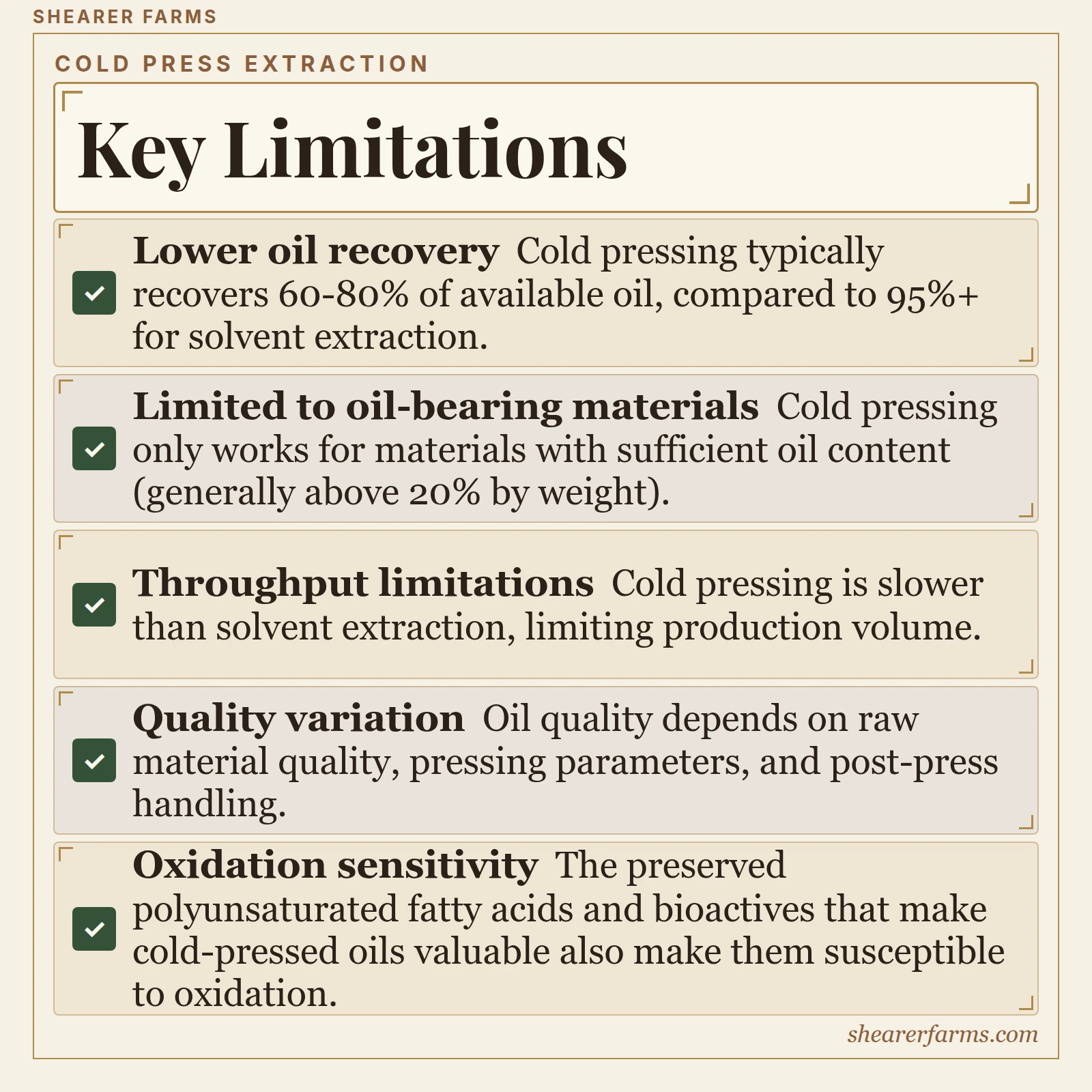 Key Limitations. Lower oil recovery; Limited to oil-bearing materials; Throughput limitations; Quality variation; Oxidation sensitivity.
