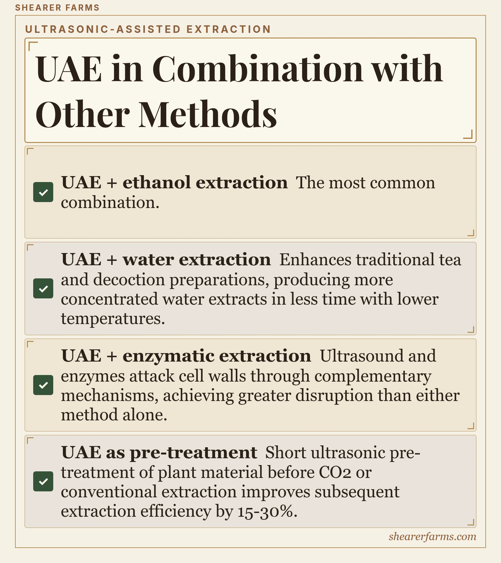UAE in Combination with Other Methods. UAE + ethanol extraction; UAE + water extraction; UAE + enzymatic extraction; UAE as pre-treatment.