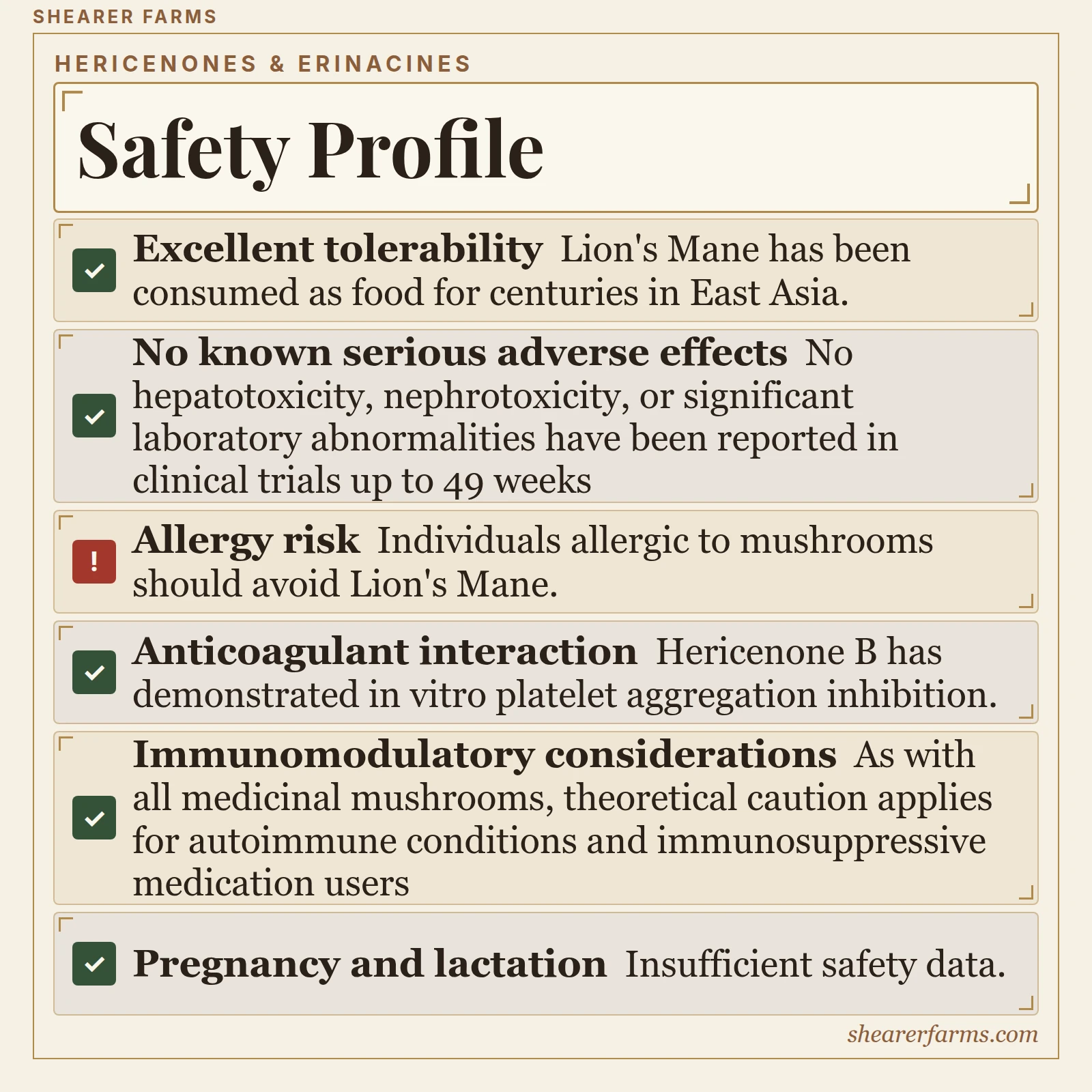 Safety Profile. Excellent tolerability; No known serious adverse effects; Allergy risk; Anticoagulant interaction; Immunomodulatory considerations; Pregnancy and lactation.